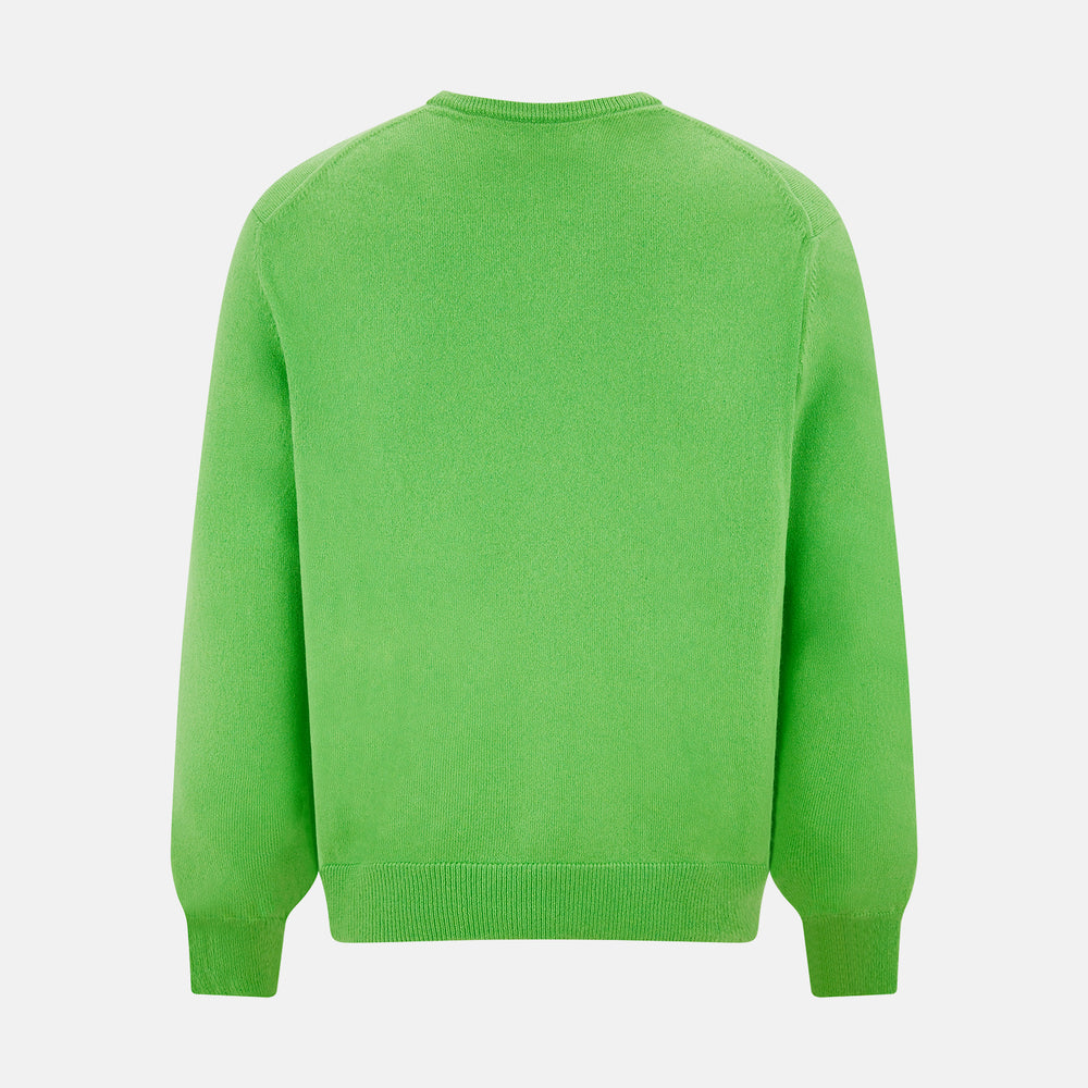 The Turnbull & Asser Lime Green Cashmere V-Neck Jumper features long sleeves and ribbed cuffs, hem, and neckline—ideal for adding vibrant color to your knitwear collection. Displayed on a white background.