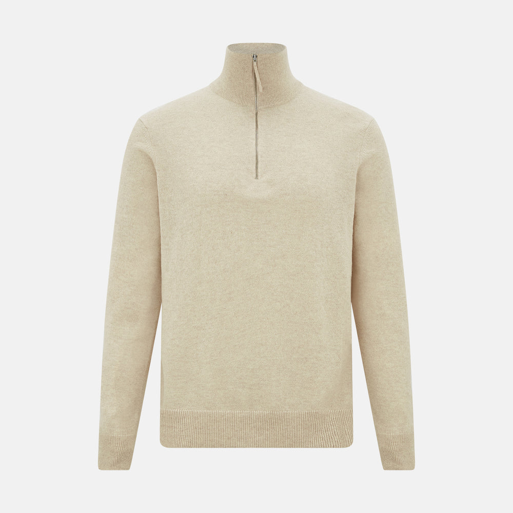 The Turnbull & Asser Cream Half-Zip Cashmere Jumper is a beige, long-sleeve pullover with a high collar, showcasing timeless knitwear style against a plain white background.