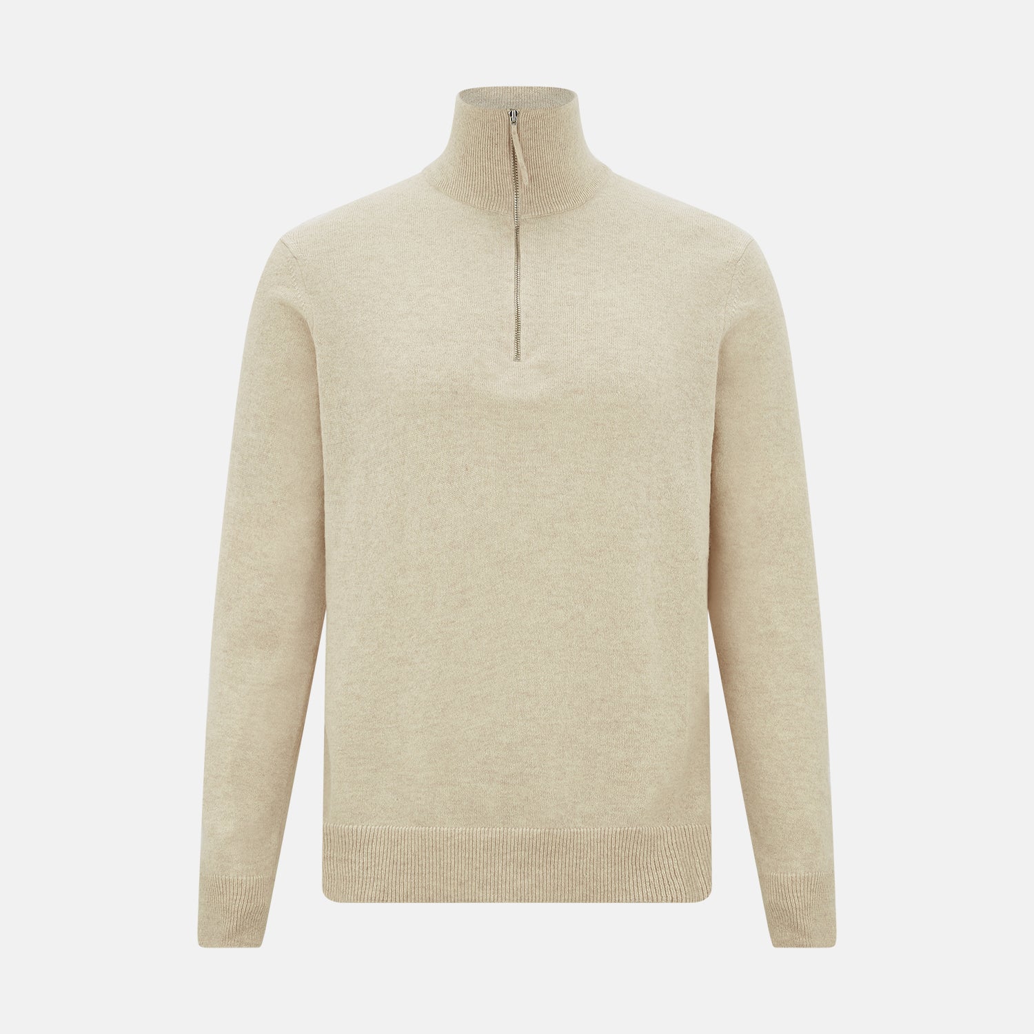 View 1 of product The Turnbull & Asser Cream Half-Zip Cashmere Jumper is a beige, long-sleeve pullover with a high collar, showcasing timeless knitwear style against a plain white background.