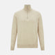The Turnbull & Asser Cream Half-Zip Cashmere Jumper is a beige, long-sleeve pullover with a high collar, showcasing timeless knitwear style against a plain white background.