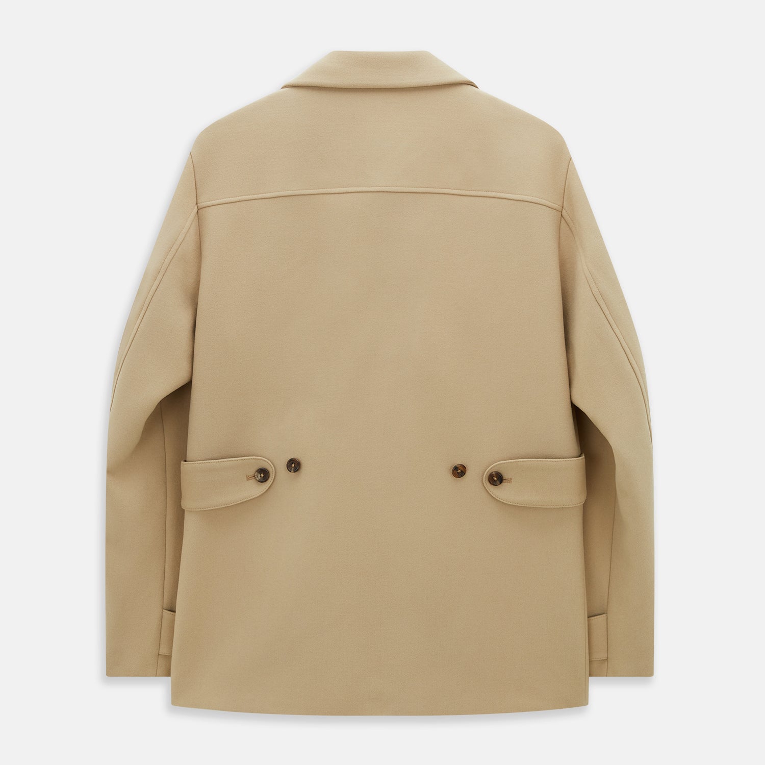 View 3 of product The Camel Wellington Double-Breasted Caban Coat by Turnbull & Asser features wide lapels, dark buttons, front flap and chest pockets, plus buttoned cuffs—perfect for elevating your formal wear collection.