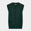 View 1 of product The Turnbull & Asser Forest Green Fine Merino V-Neck Sleeveless Cardigan features front buttons and two small pockets, shown against a white background.