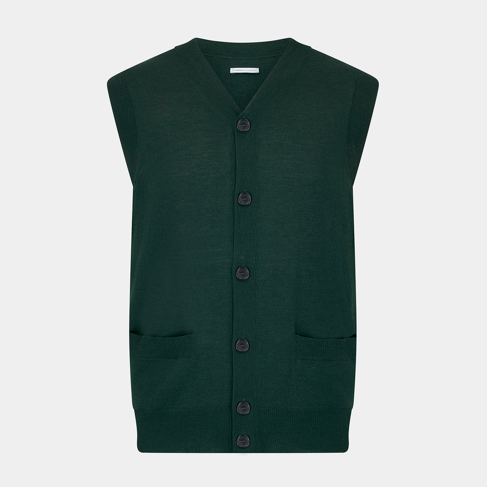 The Turnbull & Asser Forest Green Fine Merino V-Neck Sleeveless Cardigan features front buttons and two small pockets, shown against a white background.