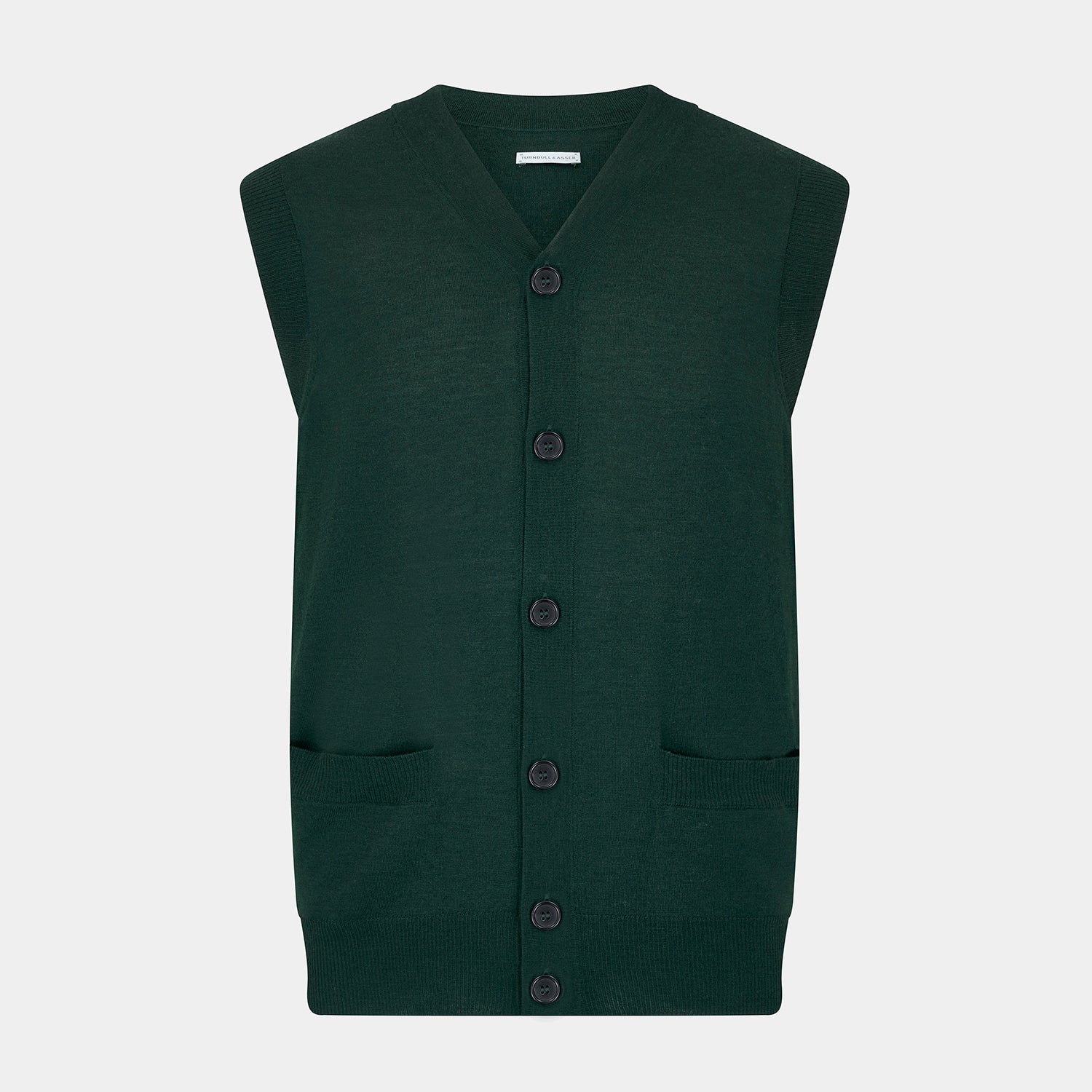 View 1 of product The Turnbull & Asser Forest Green Fine Merino V-Neck Sleeveless Cardigan features front buttons and two small pockets, shown against a white background.