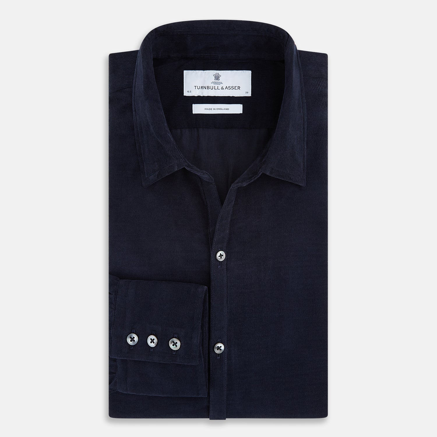 View 5 of product A navy corduroy Windsor shirt by Turnbull & Asser, featuring British craftsmanship and a classic collar, displayed on a plain white background.