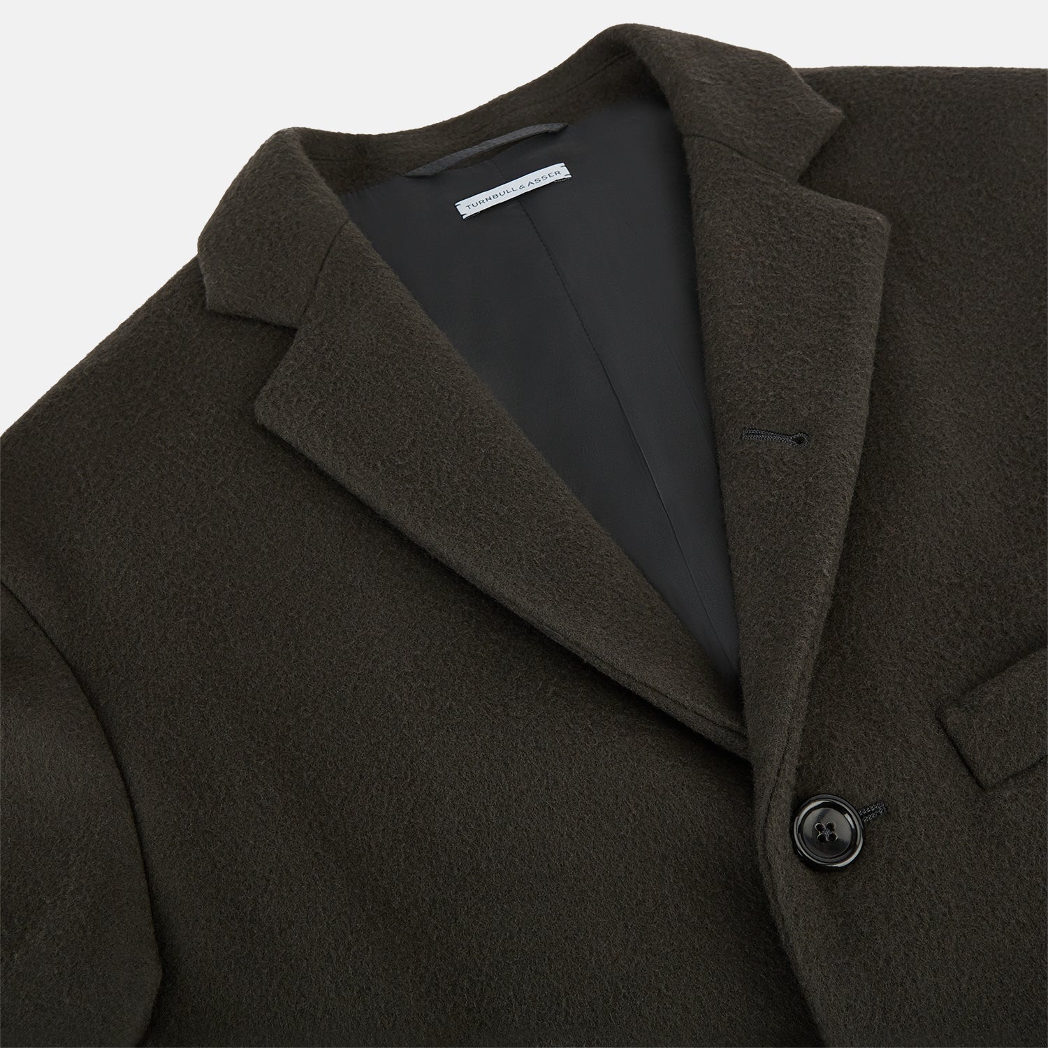 View 2 of product The Turnbull & Asser Olive Brown Apsley Single-Breasted Caban Coat for men features three buttons, notched lapels, and three front pockets, shown against a plain white background.