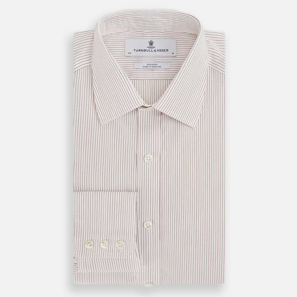 The Turnbull & Asser Burgundy Multi Hairline Stripe Mayfair Shirt features long sleeves, a classic collar, buttoned cuffs, and slim vertical stripes—ideal for formal wear and shown against a plain white background.