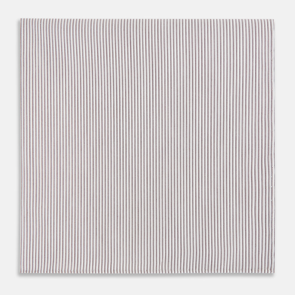 A neatly folded Turnbull & Asser Brown Double Hairline Stripe Hand-Rolled Handkerchief features thin, vertical brown stripes and delicate hand-rolled edges, displayed on a plain background.