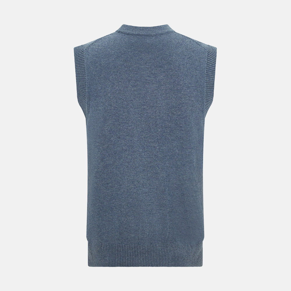 The Blue Melange Cashmere Sleeveless Cardigan by Turnbull & Asser features a V-neck, button-up front, ribbed collar and hem, and two front pockets, shown on a plain white background.
