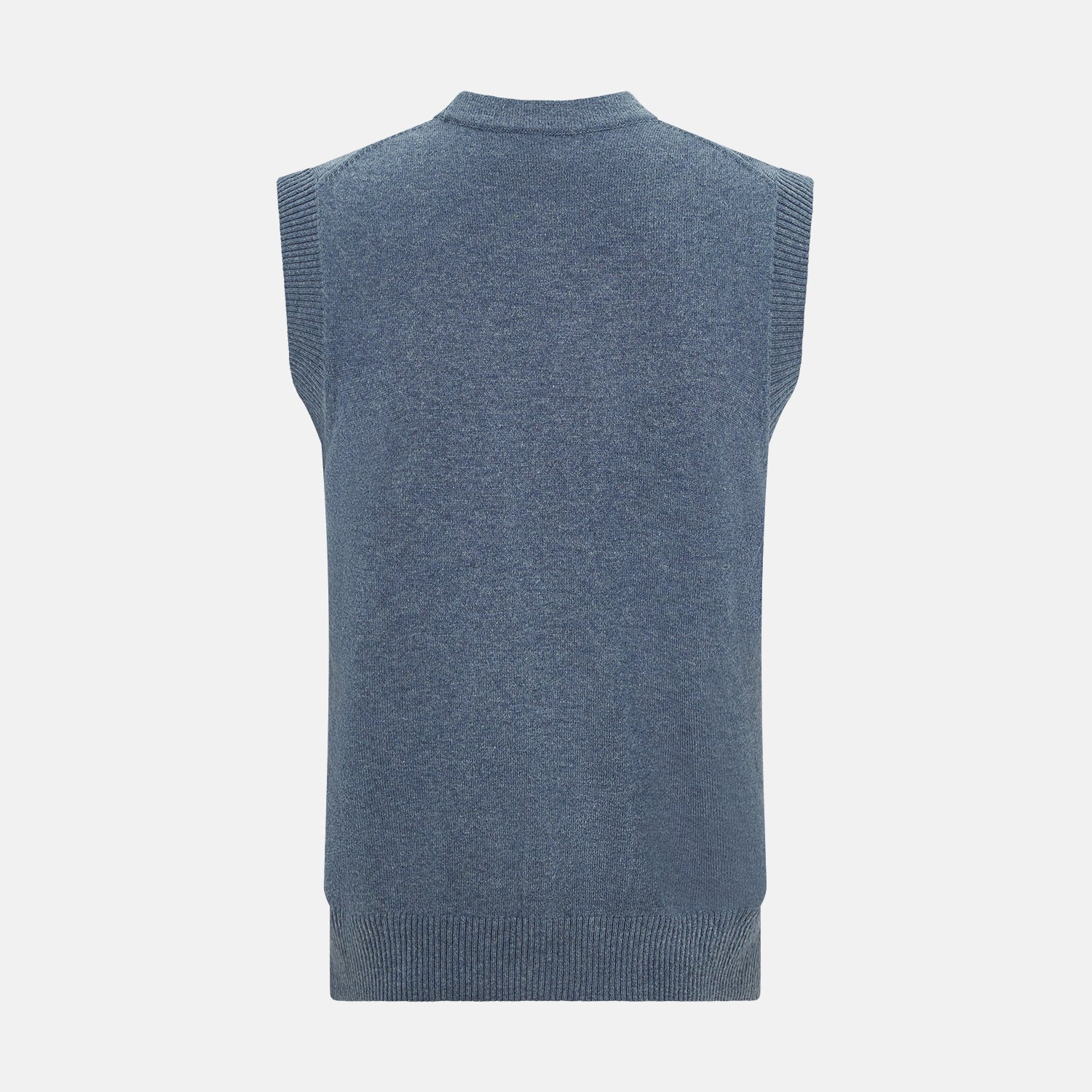 View 3 of product The Blue Melange Cashmere Sleeveless Cardigan by Turnbull & Asser features a V-neck, button-up front, ribbed collar and hem, and two front pockets, shown on a plain white background.