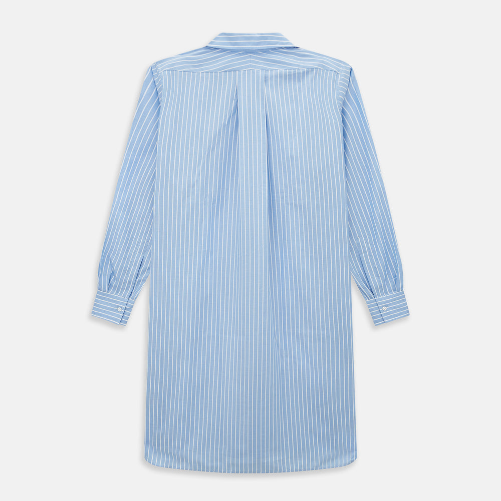 The Turnbull & Asser White and Blue Stripe Quarzo Nightshirt features long sleeves, a collar, button-up front, chest pocket, and mid-length hem—a classic men's striped sleepwear piece.
