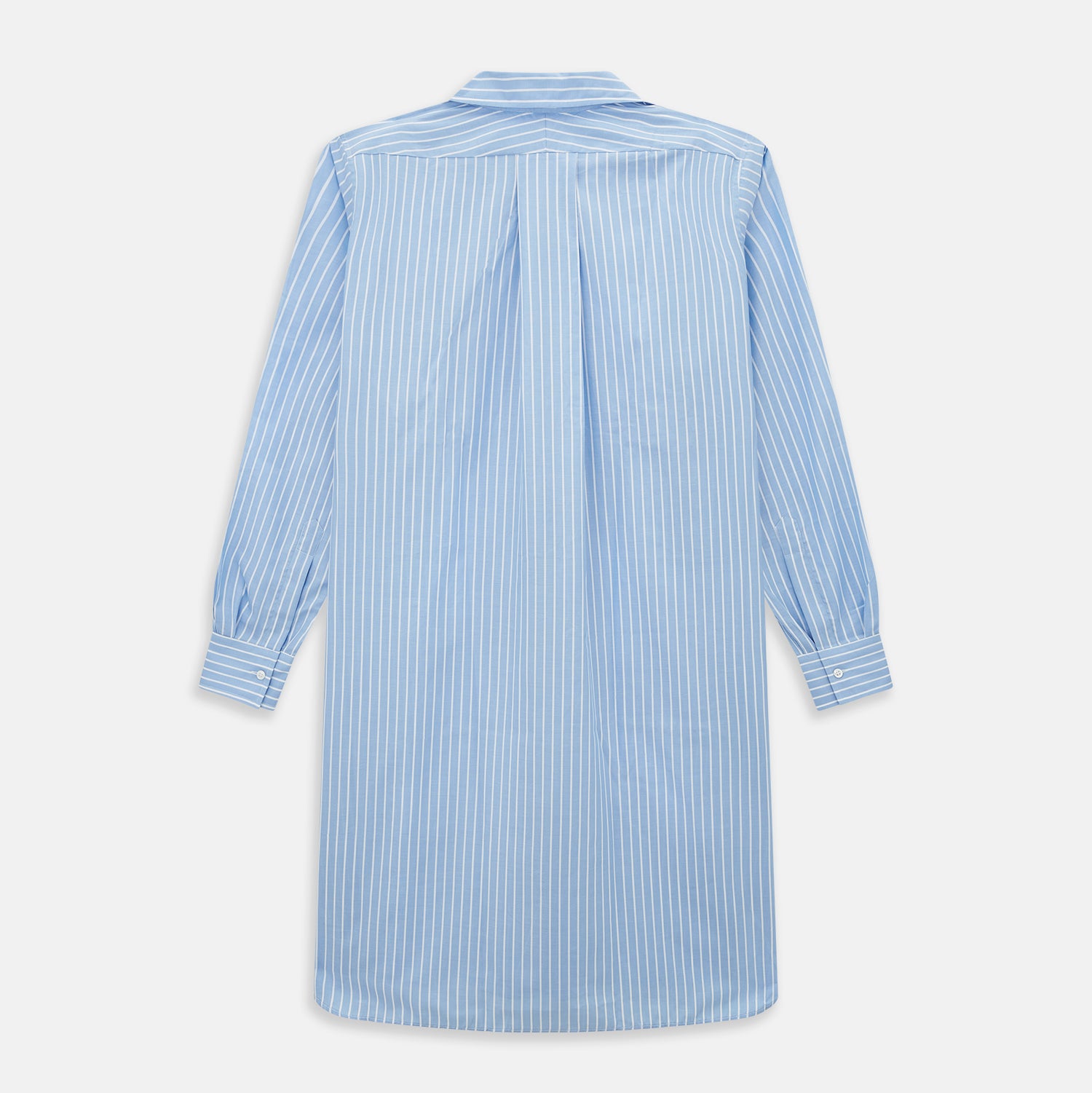 View 3 of product The Turnbull & Asser White and Blue Stripe Quarzo Nightshirt features long sleeves, a collar, button-up front, chest pocket, and mid-length hem—a classic men's striped sleepwear piece.