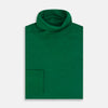 View 4 of product The Turnbull & Asser Hunter Green Fine Merino High Neck Jumper features a classic long-sleeve turtleneck style, crafted from soft merino wool and displayed against a crisp white background.