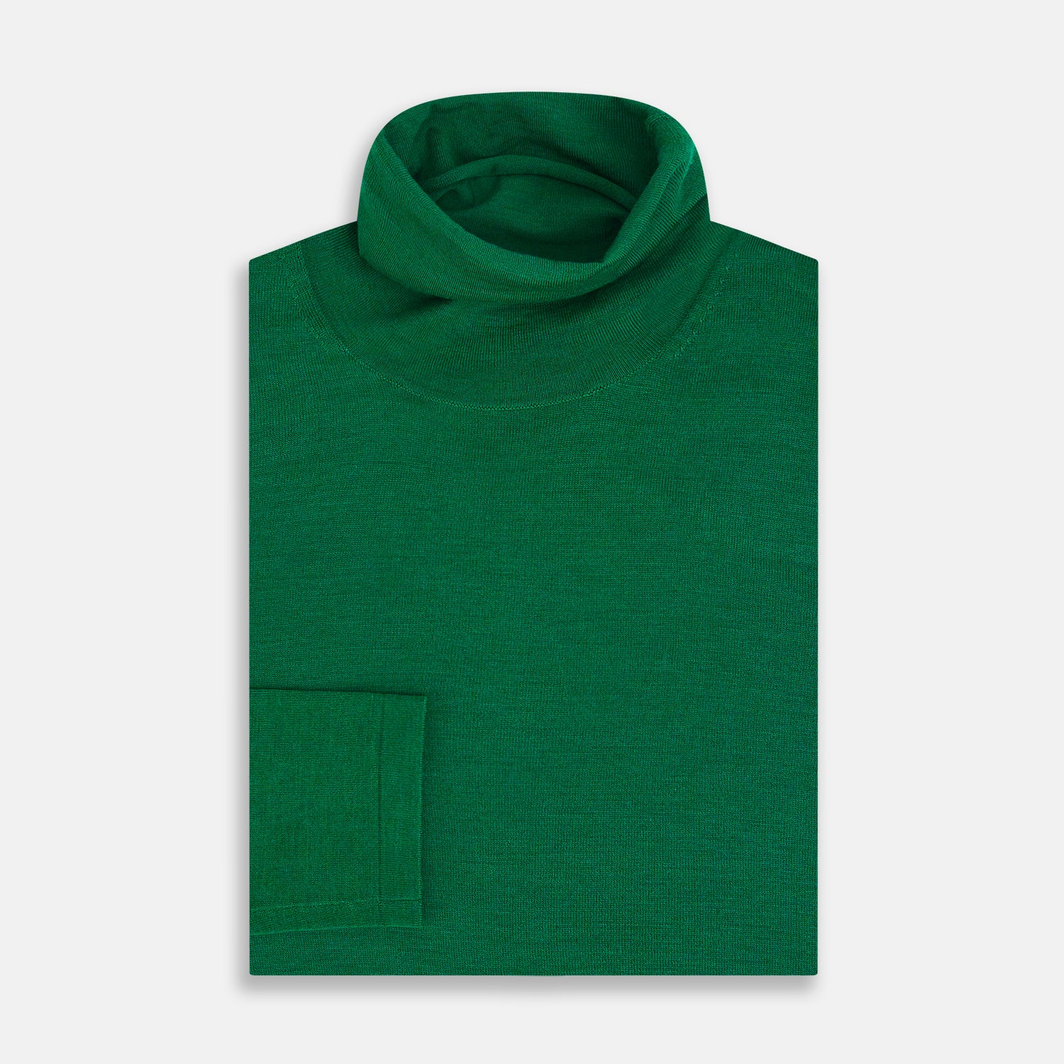 View 4 of product The Turnbull & Asser Hunter Green Fine Merino High Neck Jumper features a classic long-sleeve turtleneck style, crafted from soft merino wool and displayed against a crisp white background.
