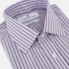 View 2 of product The Turnbull & Asser Lilac Ticking Stripe Mayfair Shirt in Italian cotton features long sleeves, a classic collar and cuffs, and is shown on a white background.