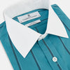 View 2 of product The Turnbull & Asser Turquoise Track Stripe Shirt features a Mayfair fit, contrast white T&A collar and double cuffs, black vertical stripes, and long sleeves, displayed flat on a light background.