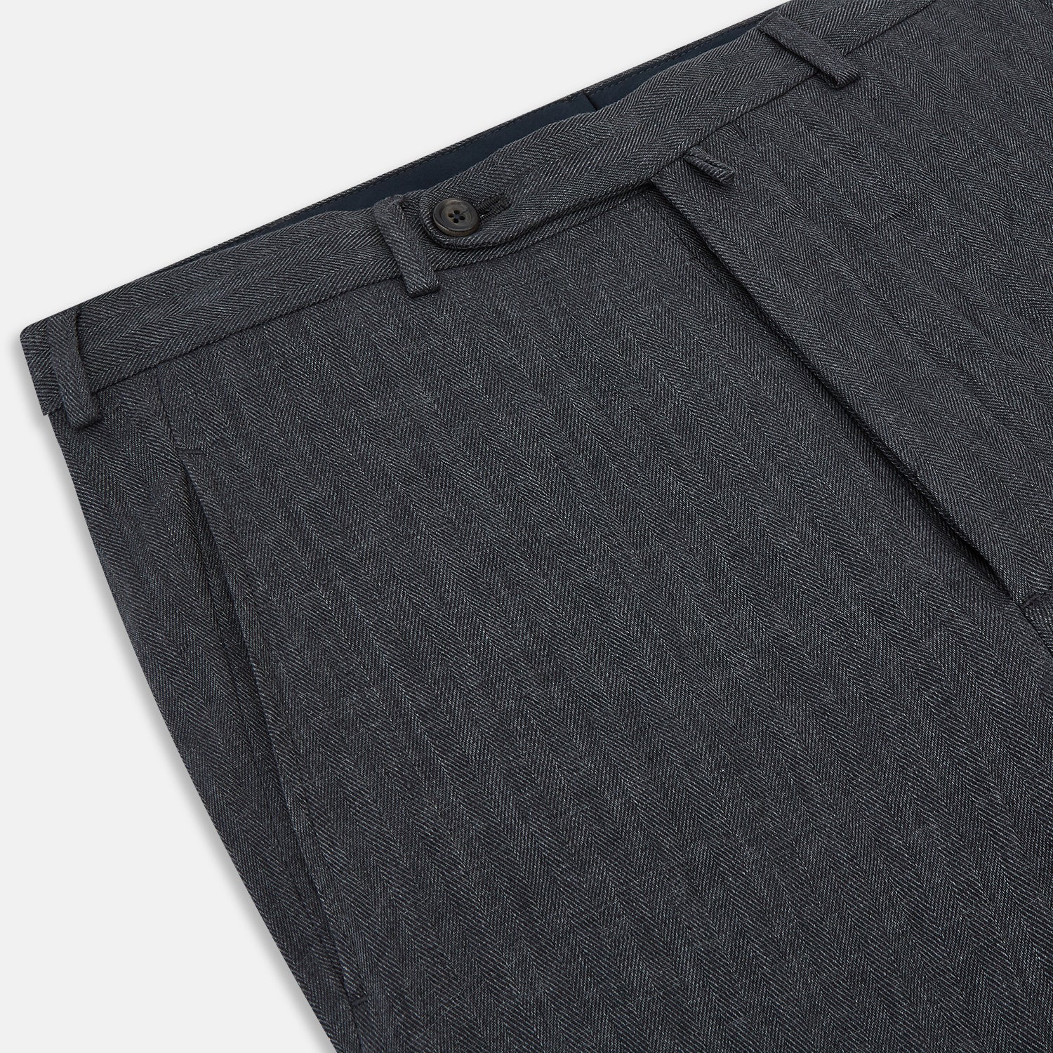 View 2 of product The Ash Linen Herringbone Edmund Trousers by Turnbull & Asser feature a straight-leg fit, button closure, belt loops, and side pockets in summer-ready fabric—ideal for utility dressing—shown against a plain white background.