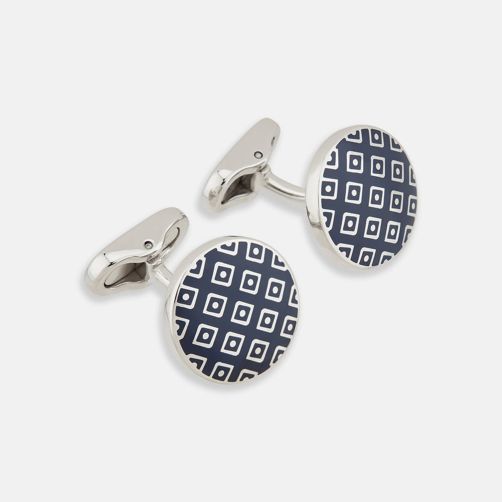 Turnbull & Asser Blue Lattice Circle Cufflinks: sterling silver round cufflinks with a navy blue and white square pattern, shown on a plain white background.
