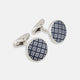 Turnbull & Asser Blue Lattice Circle Cufflinks: sterling silver round cufflinks with a navy blue and white square pattern, shown on a plain white background.