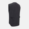View 4 of product The Turnbull & Asser Ash Linen Twill Waistcoat is a dark gray, sleeveless V-neck with three front buttons, a chest pocket, and two diagonal zippered pockets in subtly textured twill. Shown on a plain white background.