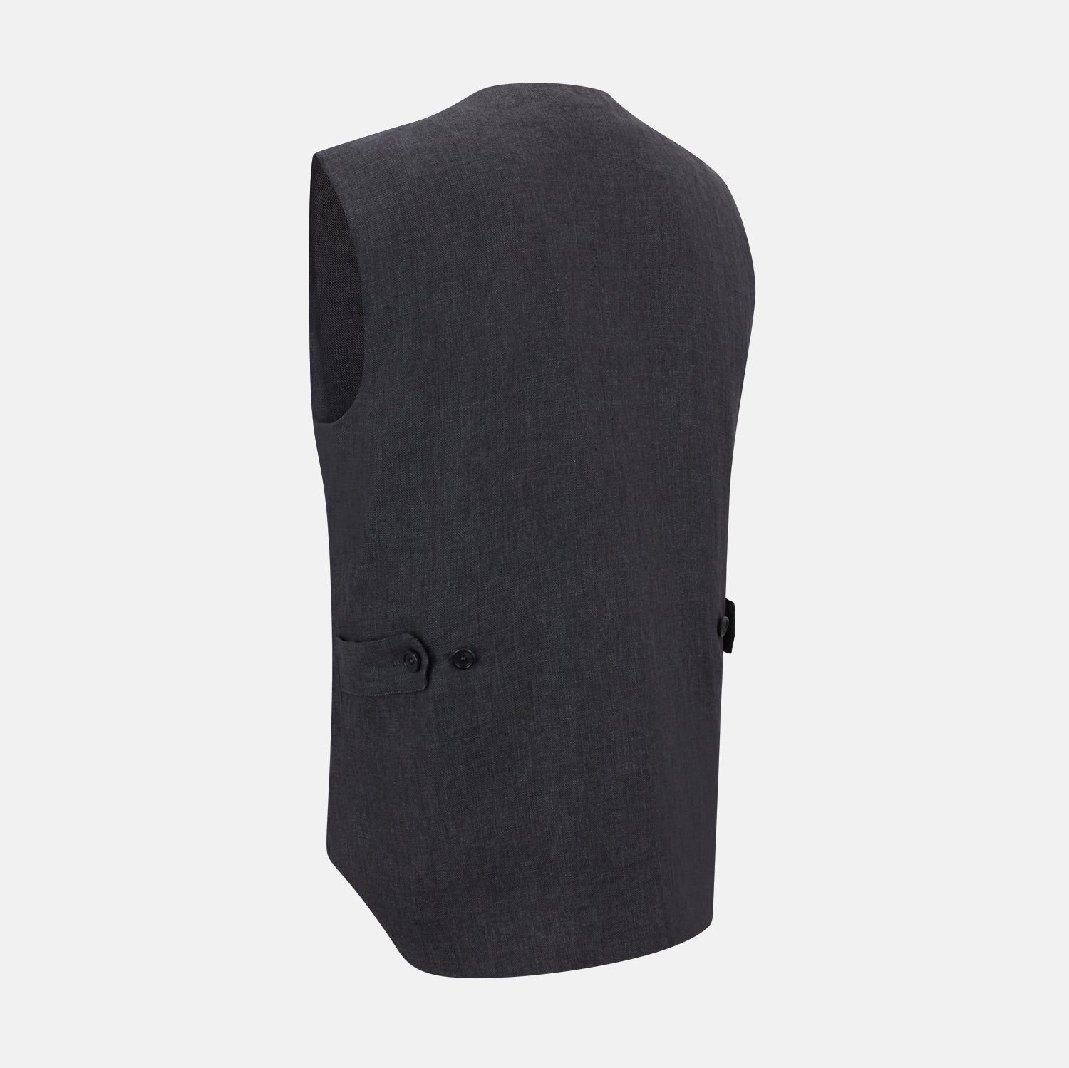 View 4 of product The Turnbull & Asser Ash Linen Twill Waistcoat is a dark gray, sleeveless V-neck with three front buttons, a chest pocket, and two diagonal zippered pockets in subtly textured twill. Shown on a plain white background.