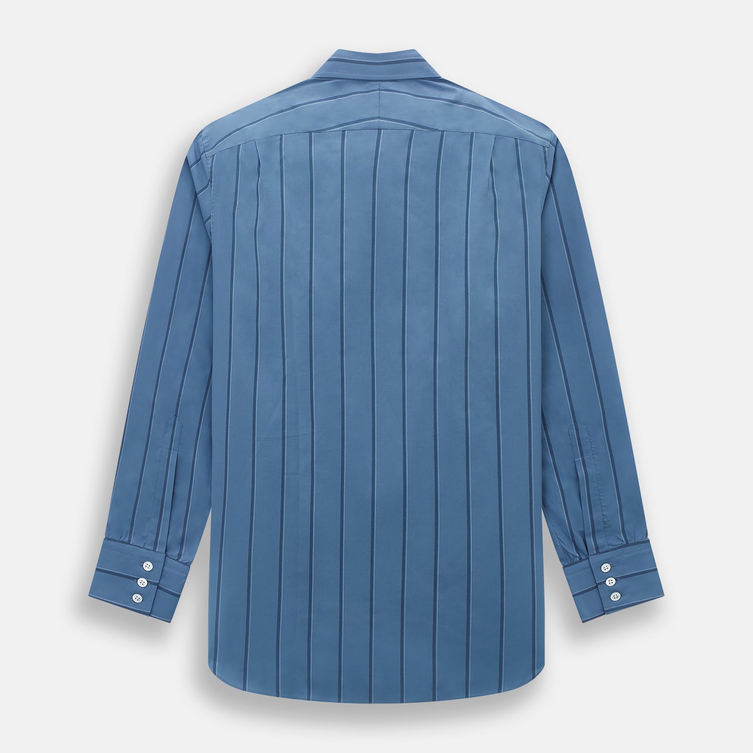 View 3 of product The Turnbull & Asser Steel Grey and Navy Track Stripe Mayfair Shirt features long sleeves, a collar, white buttons, and a relaxed fit, shown on a plain white background.