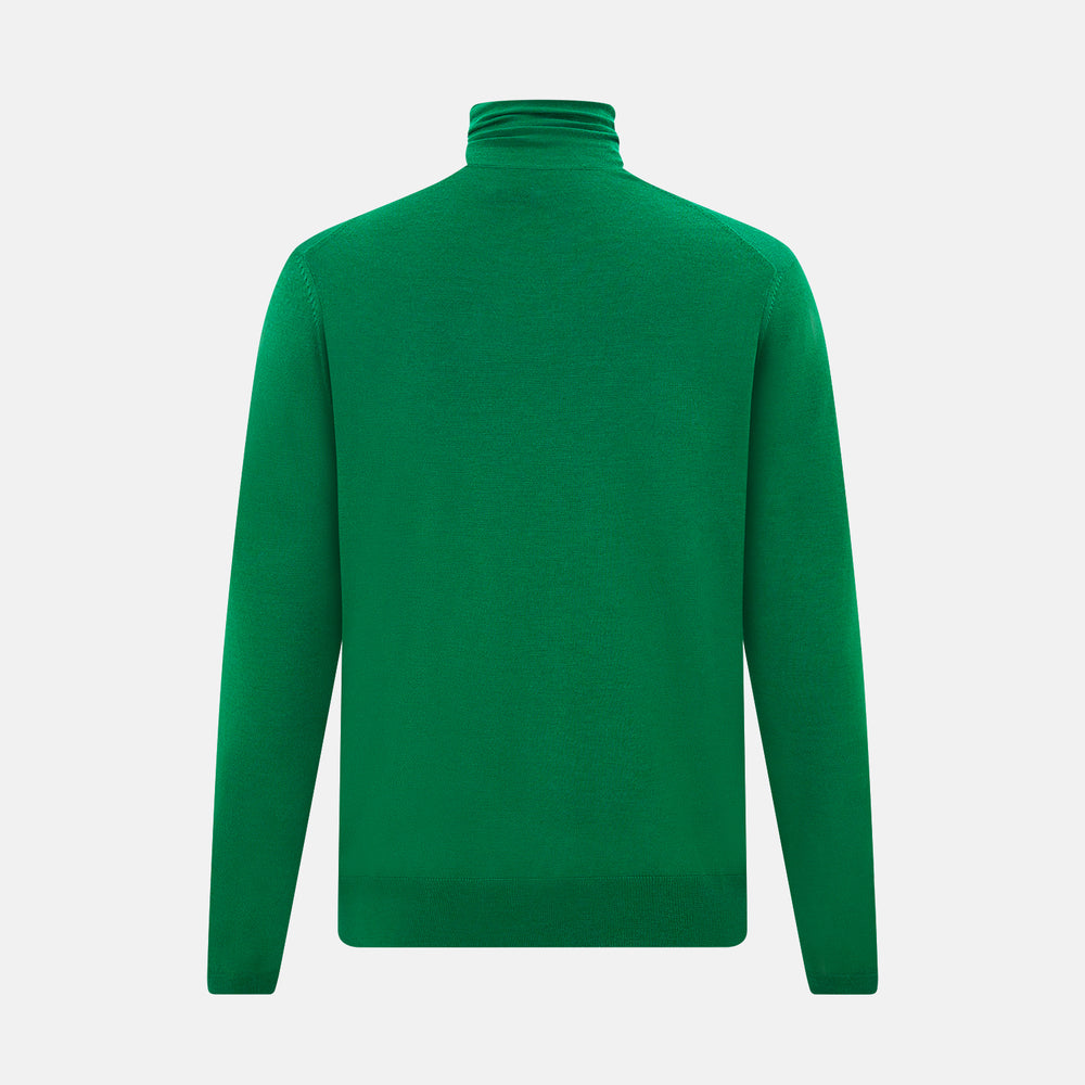 The Turnbull & Asser Hunter Green Fine Merino High Neck Jumper features a classic long-sleeve turtleneck style, crafted from soft merino wool and displayed against a crisp white background.