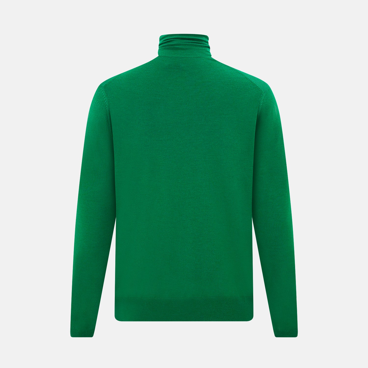 View 3 of product The Turnbull & Asser Hunter Green Fine Merino High Neck Jumper features a classic long-sleeve turtleneck style, crafted from soft merino wool and displayed against a crisp white background.