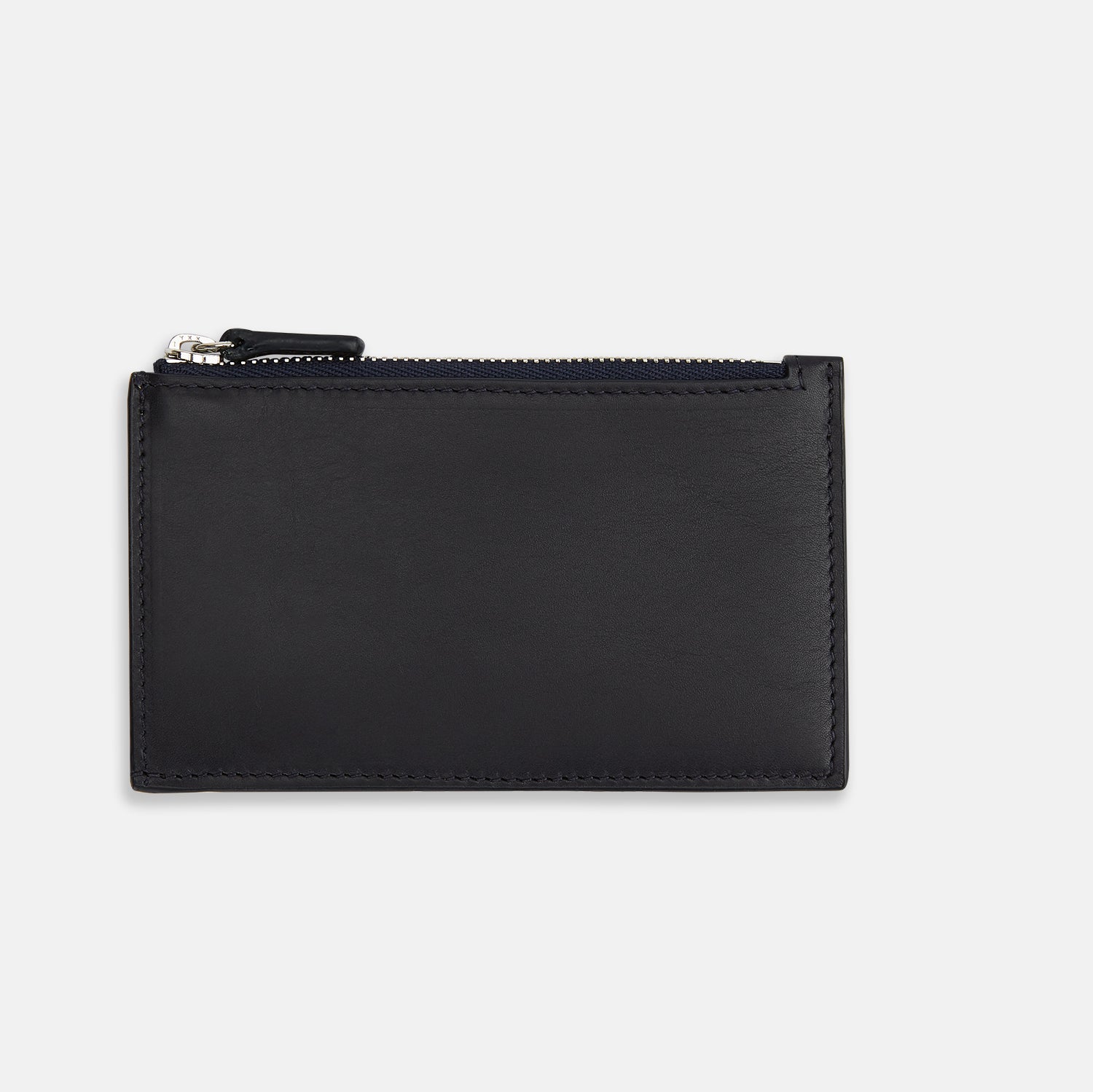 View 3 of product A navy leather card holder by Turnbull & Asser, featuring four card slots, a zip coin pocket, and the brand name embossed in white on the lower left corner.