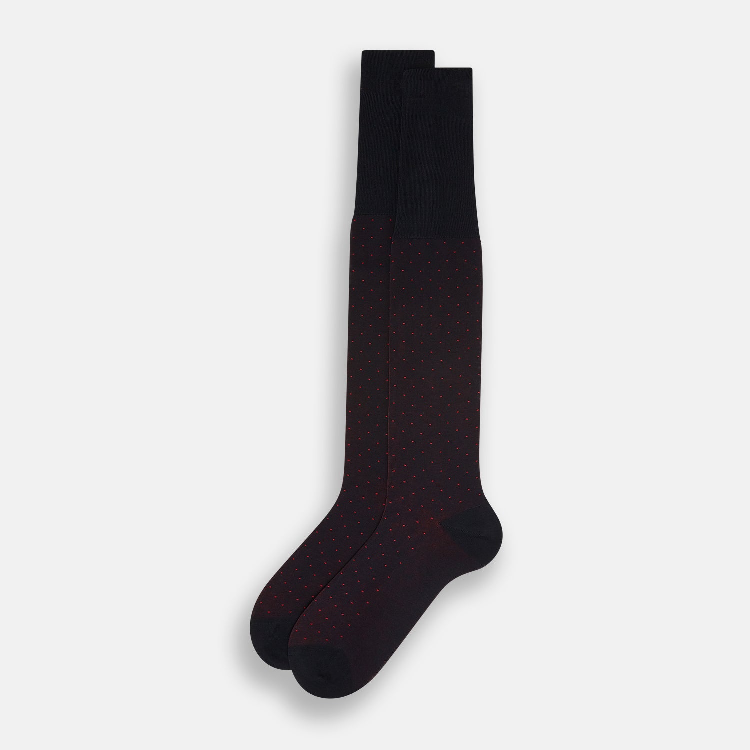 View 2 of product A single Turnbull & Asser Navy/Red Polka Dot Long Sock, crafted from mercerised Egyptian cotton, is displayed against a plain white background.