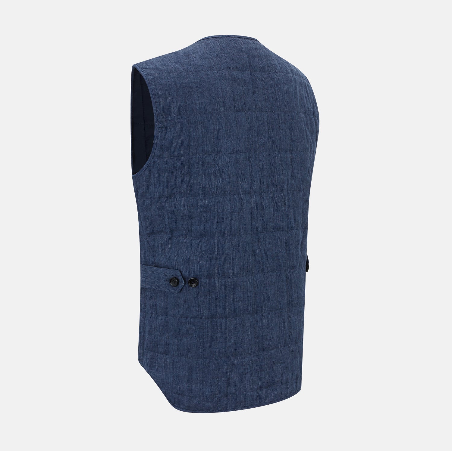 View 4 of product The Denim Blue Quilted Linen Herringbone Waistcoat by Turnbull & Asser features a sleeveless design, five black buttons, two zippered side pockets, and a small chest pocket against a plain white background.