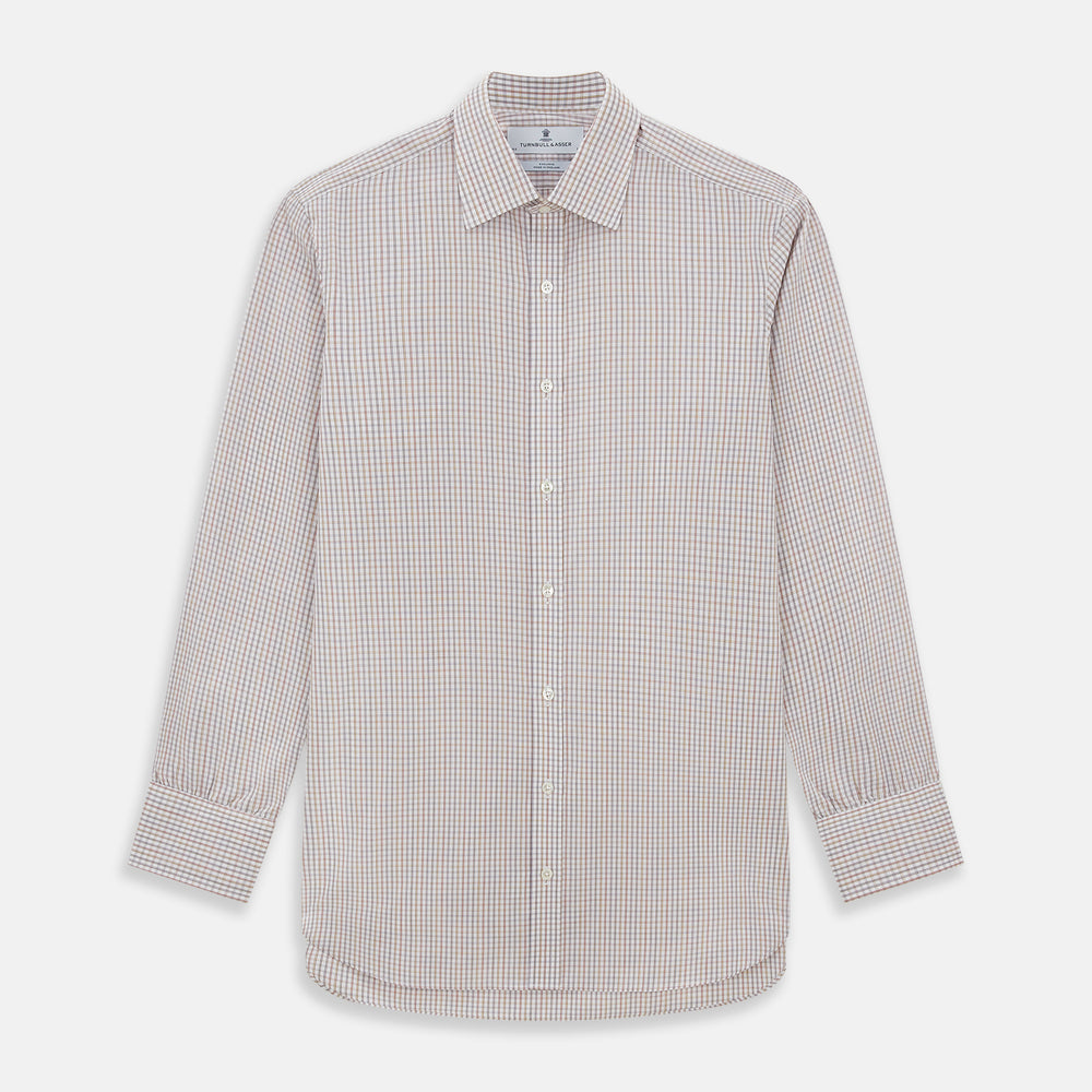 The Turnbull & Asser Multicoloured Check Mayfair Shirt is a long-sleeve, button-up shirt with a classic collar and buttoned cuffs, showcasing a true British checkered pattern on a white background.