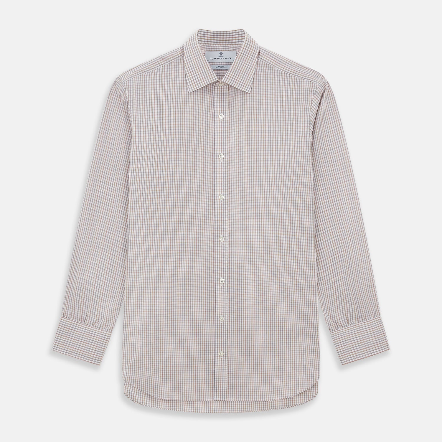 View 1 of product The Turnbull & Asser Multicoloured Check Mayfair Shirt is a long-sleeve, button-up shirt with a classic collar and buttoned cuffs, showcasing a true British checkered pattern on a white background.