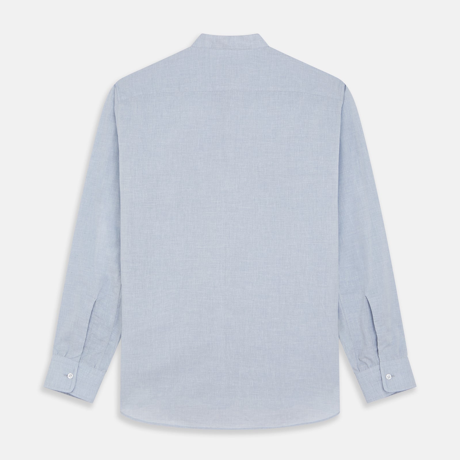 View 5 of product Turnbull & Asser’s Pale Blue Linen Blend Weekend Fit Unwin Shirt features long sleeves, a band collar, two chest pockets, and white buttons—ideal for casual summer wear.