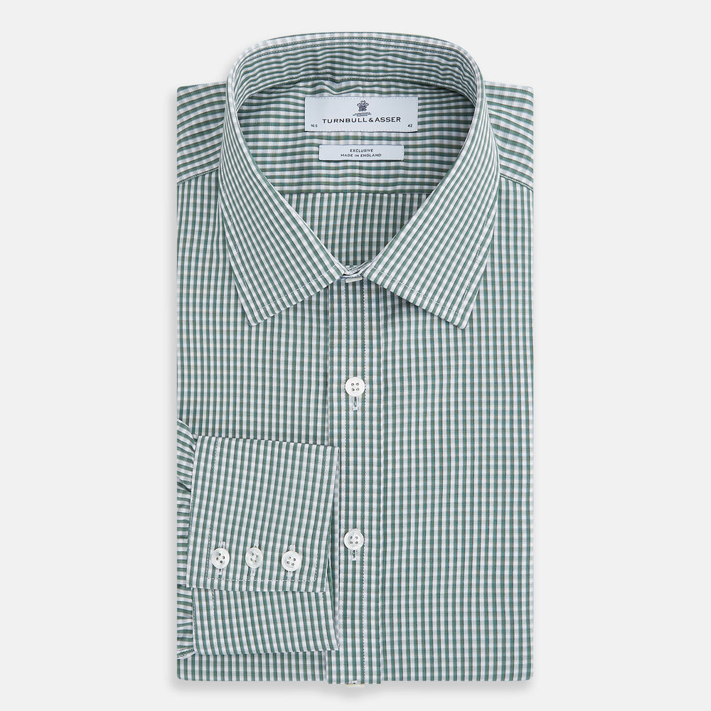 The Turnbull & Asser Green Fine Check Mayfair Shirt, crafted from fine Italian cotton with a pointed collar and buttoned cuffs, is shown laid flat on a white background.