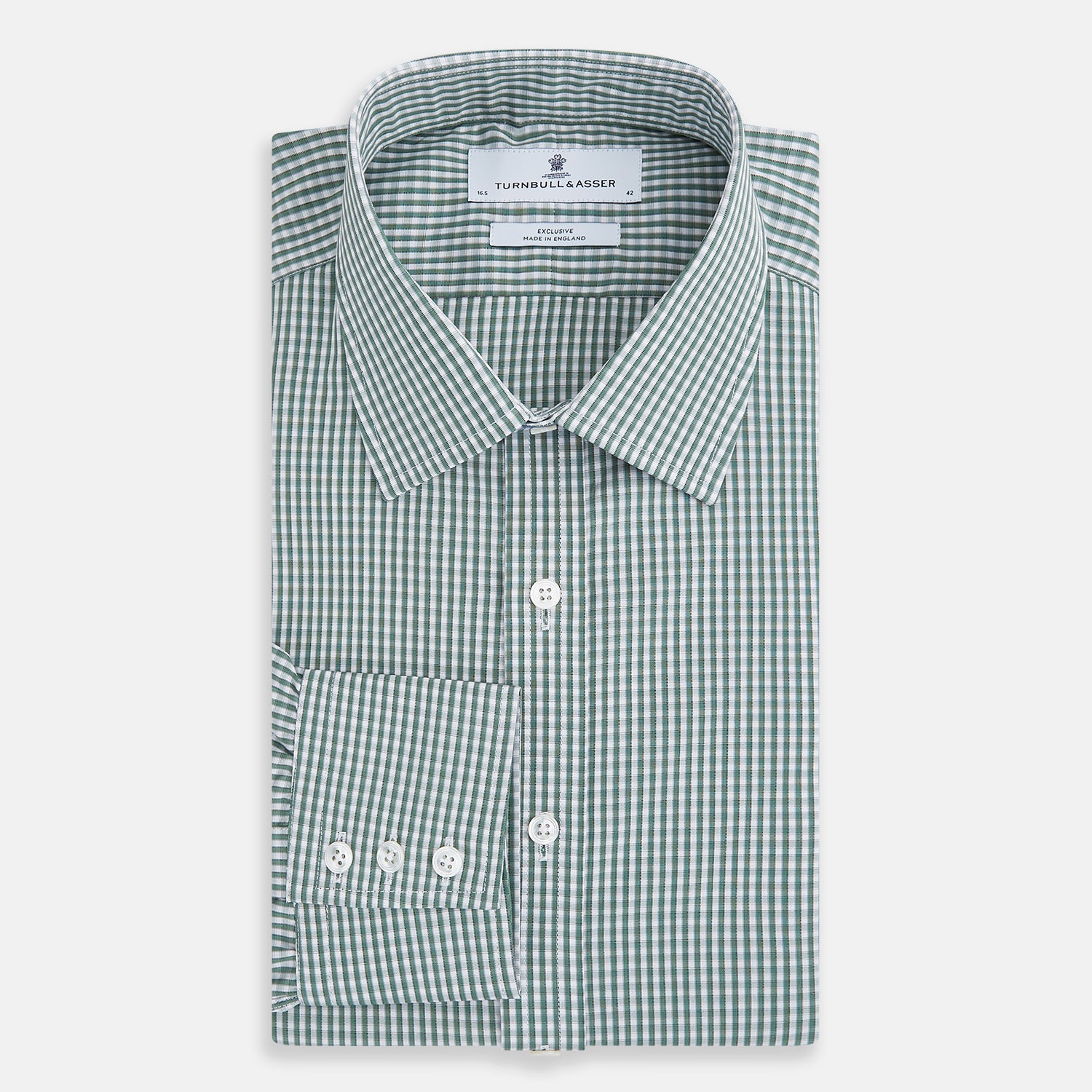 View 5 of product The Turnbull & Asser Green Fine Check Mayfair Shirt, crafted from fine Italian cotton with a pointed collar and buttoned cuffs, is shown laid flat on a white background.
