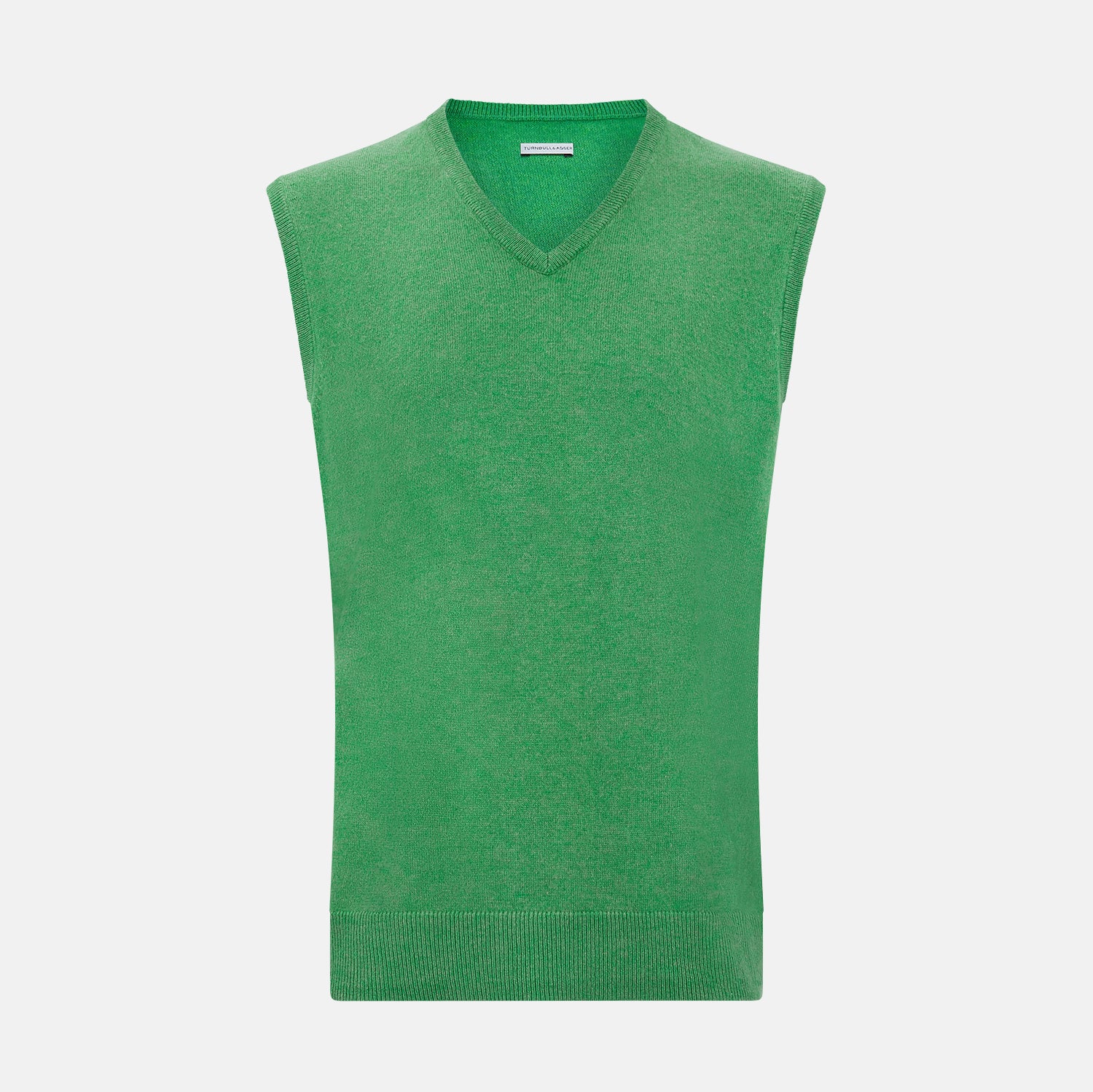 View 1 of product The Fern Green Cashmere V-Neck Vest by Turnbull & Asser is a men's sleeveless jumper, ideal for layering, shown against a plain white background.