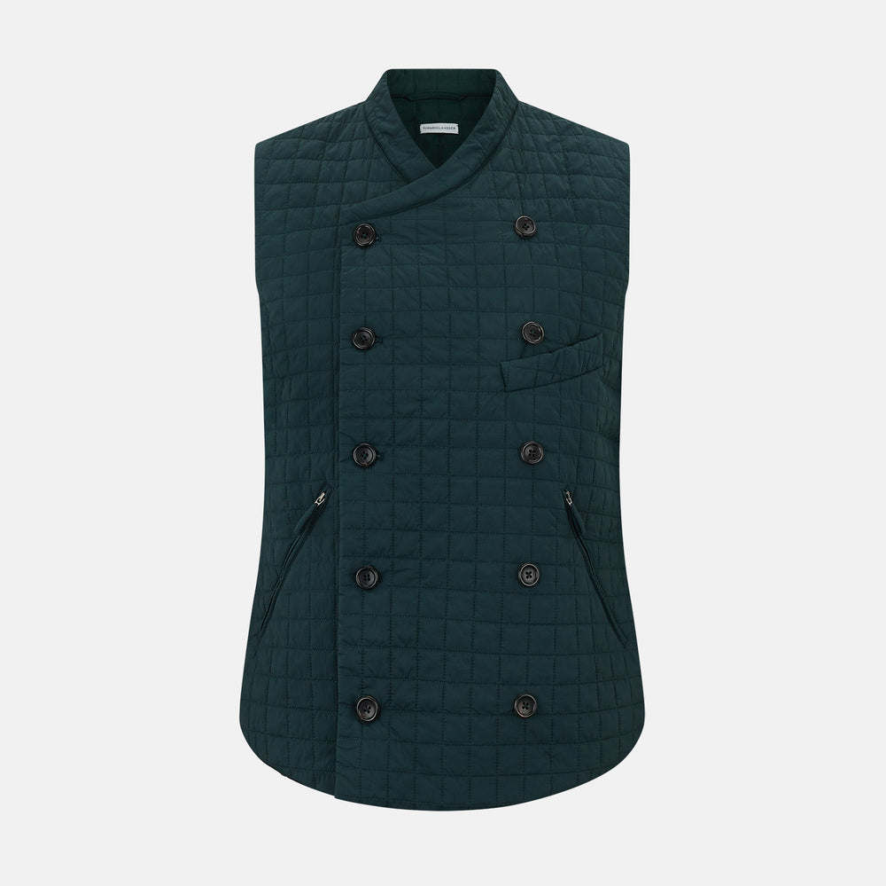 The Turnbull & Asser Forest Green Double-Breasted Quilted Gilet features black buttons, a chest pocket, two zippered side pockets, and an overlapping collar—ideal for layered dressing against a plain white background.
