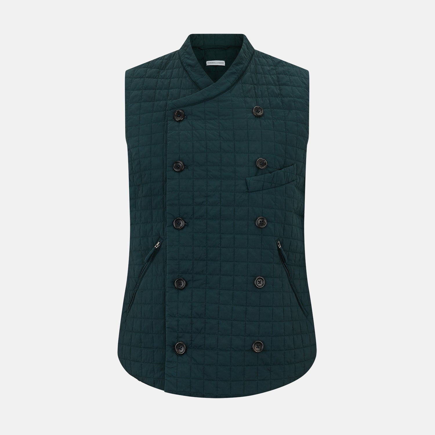 View 1 of product The Turnbull & Asser Forest Green Double-Breasted Quilted Gilet features black buttons, a chest pocket, two zippered side pockets, and an overlapping collar—ideal for layered dressing against a plain white background.