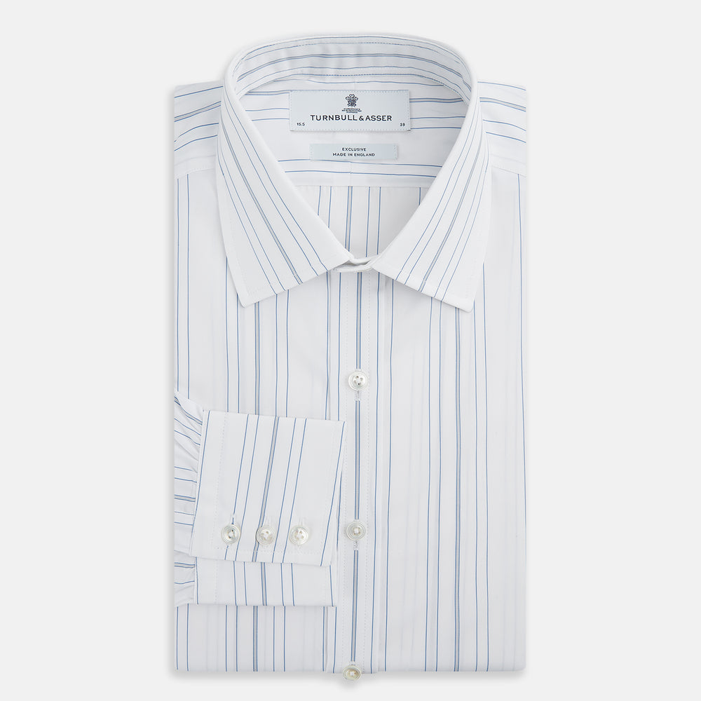 The Turnbull & Asser Pale Blue Multi Stripe Mayfair Shirt, featuring long sleeves, a classic collar, and buttoned cuffs, exemplifies British craftsmanship and is shown flat on a white background for a crisp look.