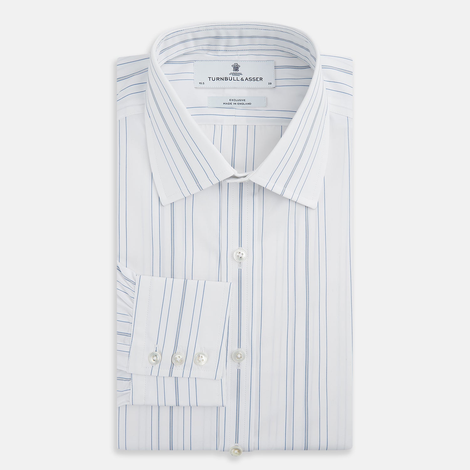 View 5 of product The Turnbull & Asser Pale Blue Multi Stripe Mayfair Shirt, featuring long sleeves, a classic collar, and buttoned cuffs, exemplifies British craftsmanship and is shown flat on a white background for a crisp look.