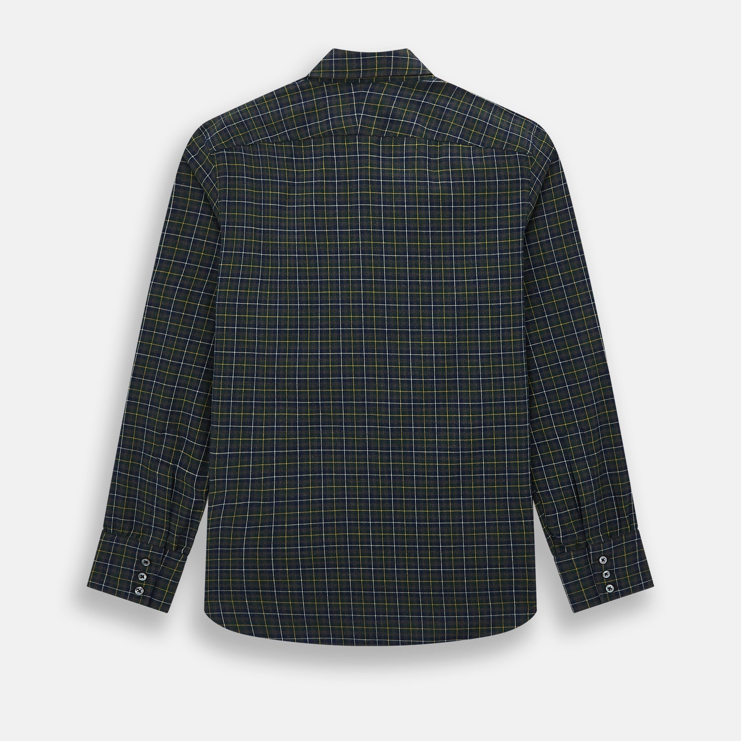 View 3 of product The Turnbull & Asser Navy and Khaki Tartan Windsor Shirt features a long-sleeve button-up design with a Windsor collar and buttoned cuffs, showcasing British craftsmanship in a classic tartan pattern.