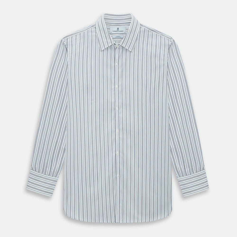 The Turnbull & Asser Navy and Light Blue Multi Track Stripe Westminster Shirt, featuring a button-up design with long sleeves and a signature collar, is displayed flat to highlight its expert British craftsmanship.