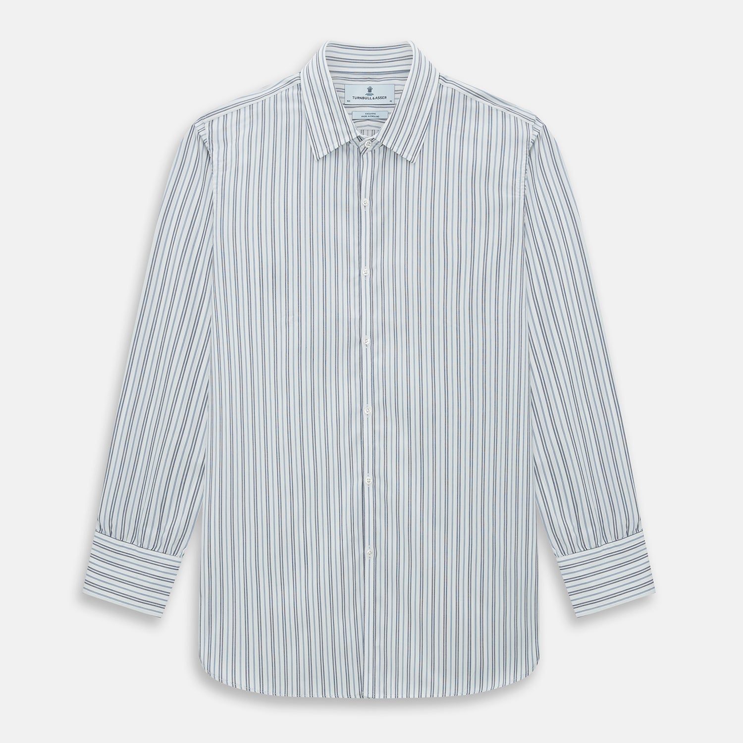 View 1 of product The Turnbull & Asser Navy and Light Blue Multi Track Stripe Westminster Shirt, featuring a button-up design with long sleeves and a signature collar, is displayed flat to highlight its expert British craftsmanship.