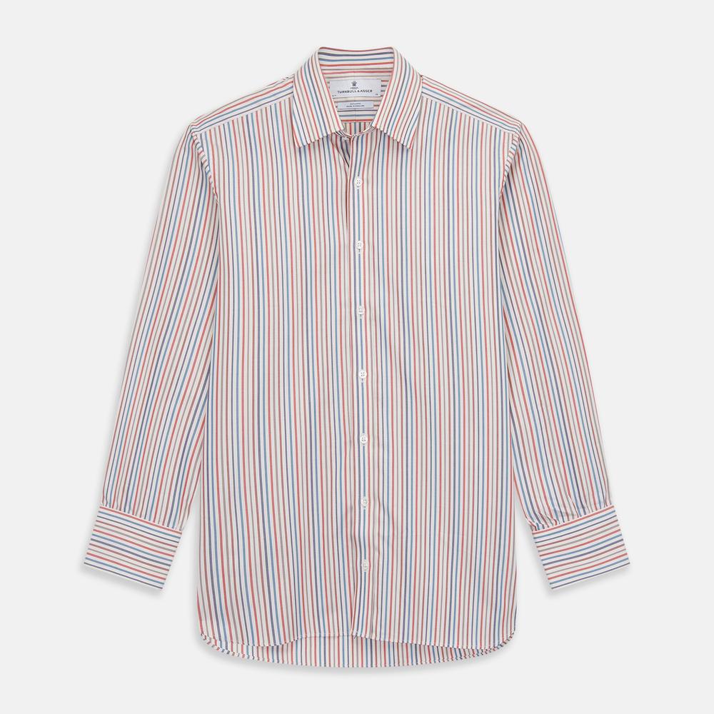 Close-up of Turnbull & Asser’s Burgundy Multi Stripe Cotton Fabric, featuring undulating red, blue, and beige wavy lines on a white background inside a gray circular border.