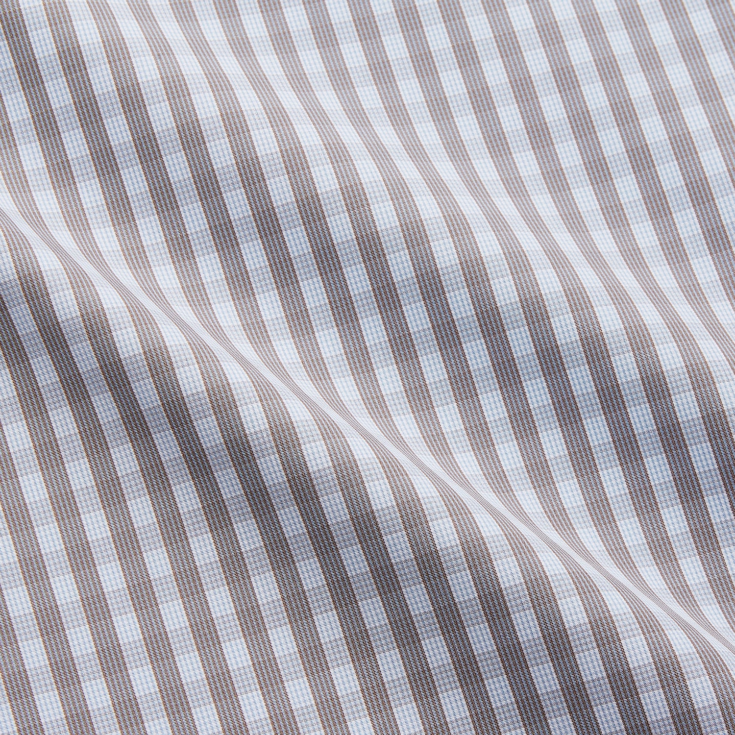 View 5 of product The Turnbull & Asser Pale Blue Multi Check Cotton Regular Fit Mayfair Shirt features a pale blue checkered pattern and long sleeves, shown on a white background.