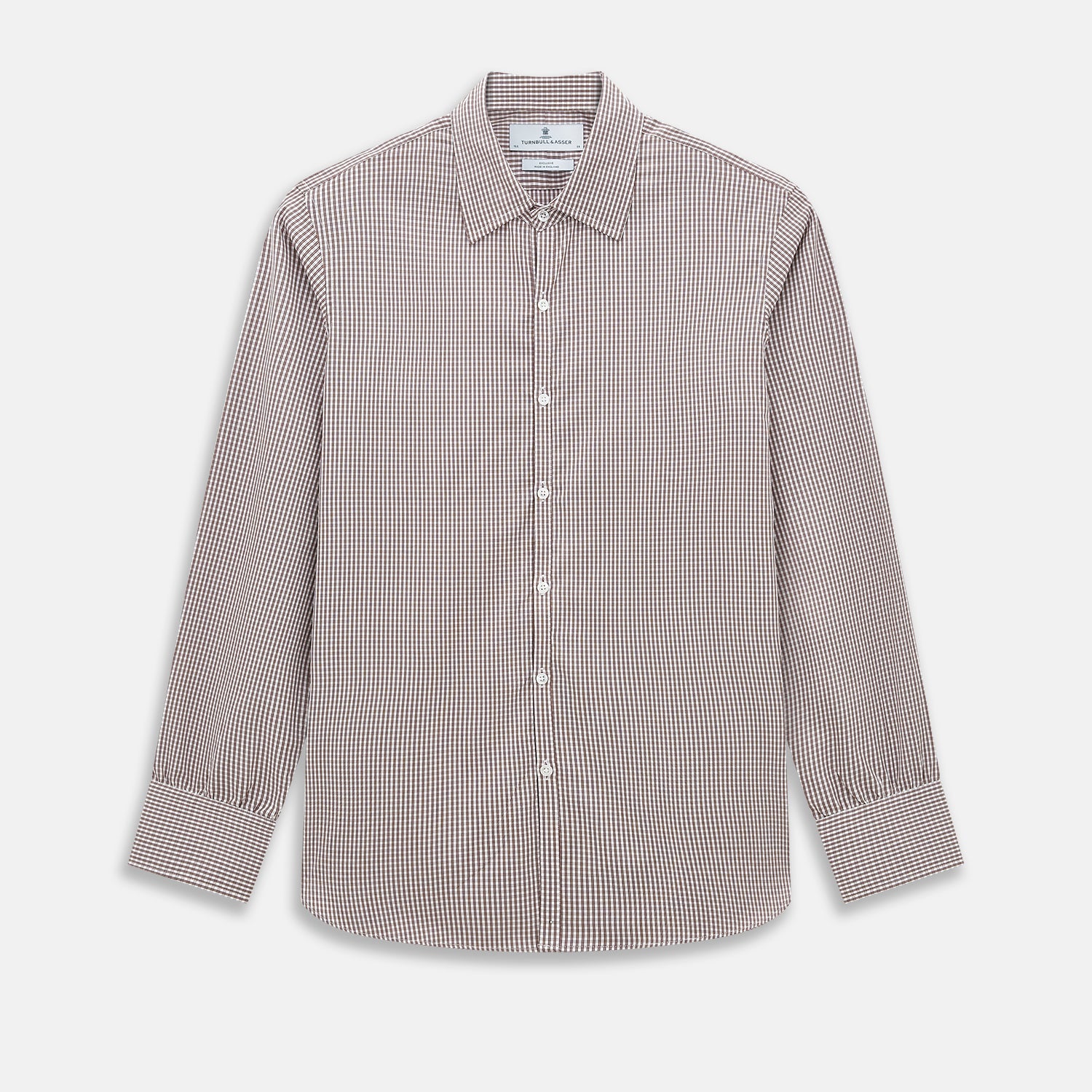 View 1 of product The Turnbull & Asser Burgundy Micro Check Westminster Shirt is a long-sleeved button-up with a classic collar and tailored fit, featuring a subtle micro check pattern, shown against a white background.