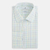 View 5 of product The Turnbull & Asser Multi Tone Double Grid Check Mayfair Shirt is a long-sleeve, button-up with a classic collar, showcasing pure cotton light blue, green, and yellow grid checks on white, neatly displayed flat against a white surface.