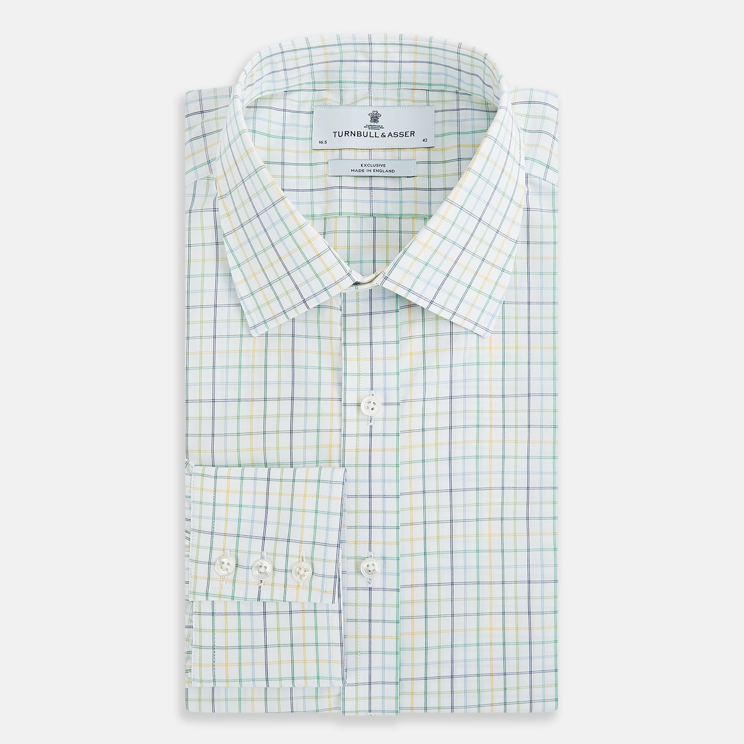 View 5 of product The Turnbull & Asser Multi Tone Double Grid Check Mayfair Shirt is a long-sleeve, button-up with a classic collar, showcasing pure cotton light blue, green, and yellow grid checks on white, neatly displayed flat against a white surface.