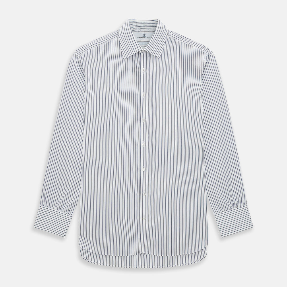 The Turnbull & Asser Brown and Blue Shadow Stripe Mayfair Shirt, featuring long sleeves, a pointed collar, and buttoned cuffs, is crafted from Italian fabric with vertical stripes and shown laid flat on a white background.